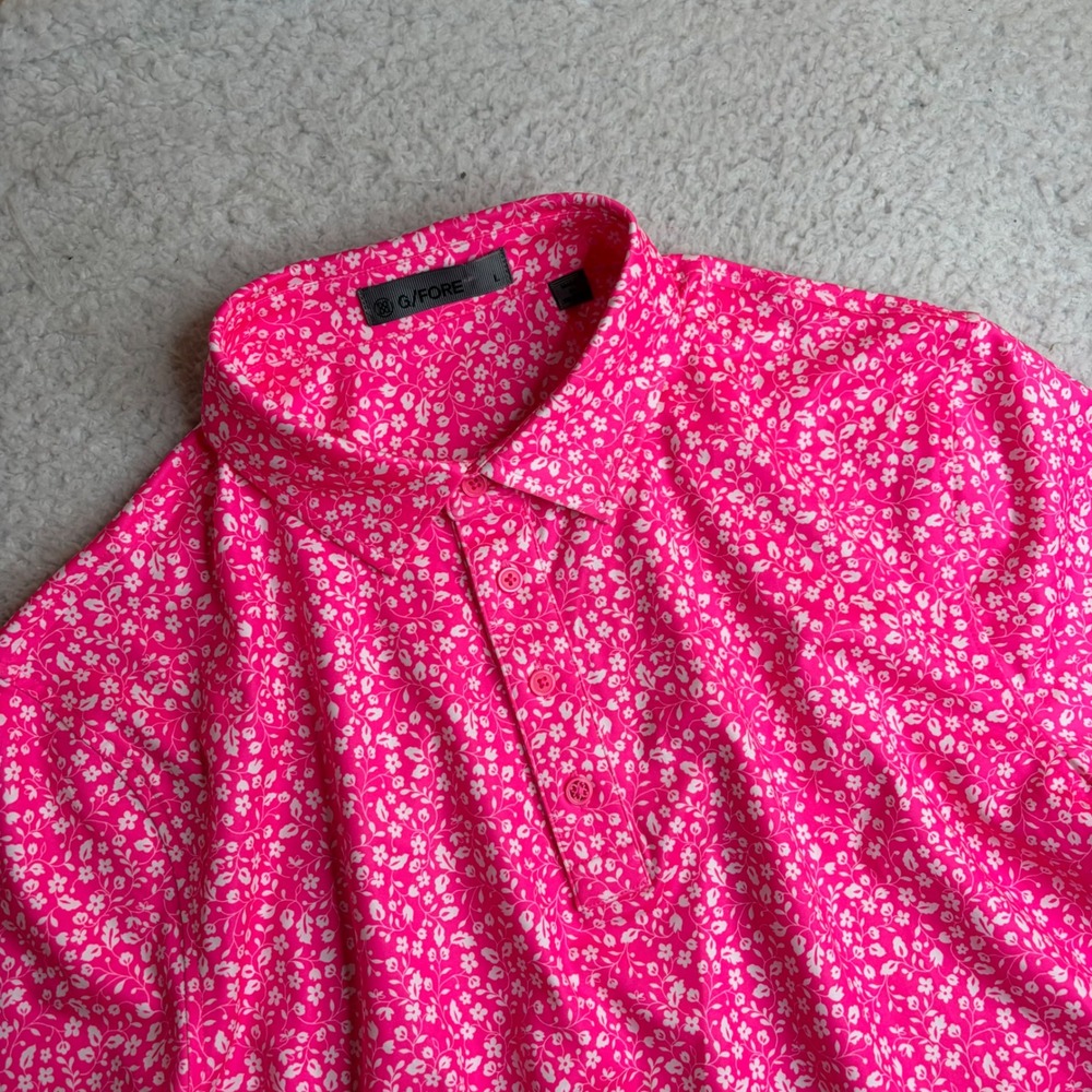 G/FORE Mens Pink Floral Performance Polo Shirt GMP000046 Size Large L Short Slv